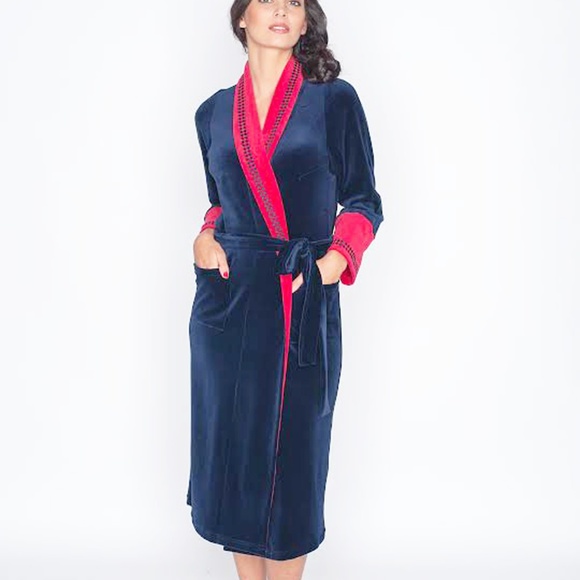 COTTON VELOUR LONG ROBE NAVY BLUE MADE IN EUROPE
